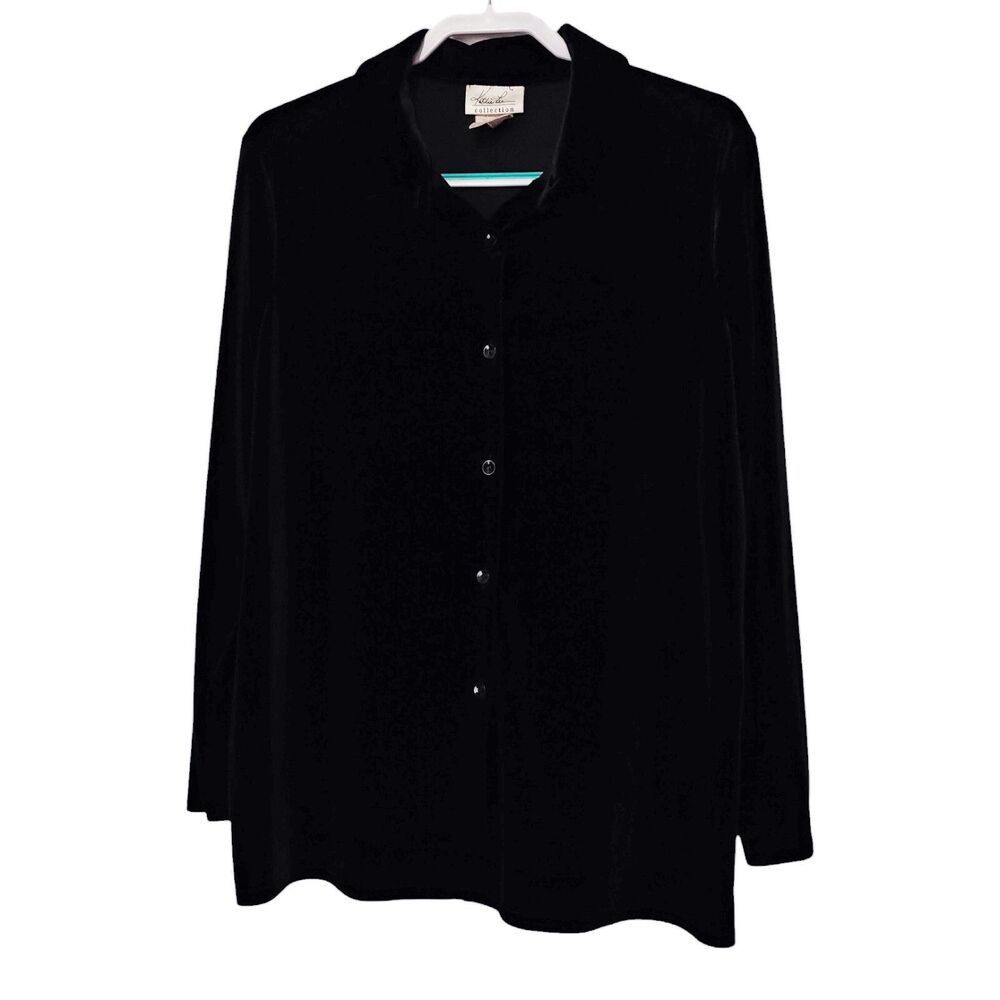 Vintage Black Velvet Top Button Down Long Sleeve  X Large XL Kathie Lee 90s Goth